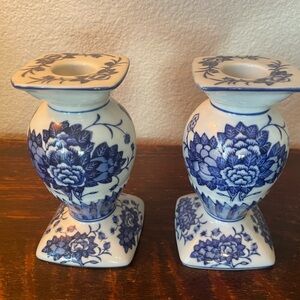 Pair of Classic Blue + White Chinoiserie Ceramic Detailed Floral Candle Holders
